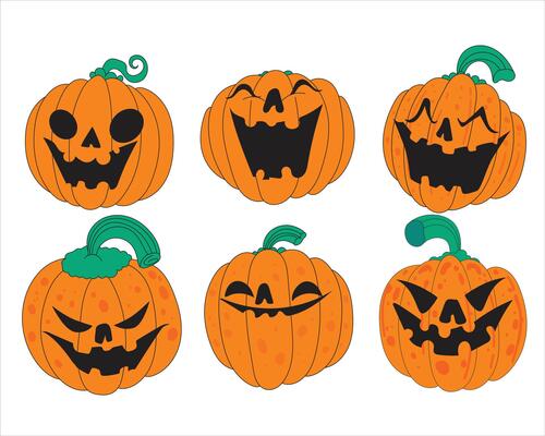 A hand drawn Halloween element set featuring creepy and funny pumpkin freaks in lowbrow style. Perfect for stickers, posters, party invites, spooky packaging, and seasonal decorations.