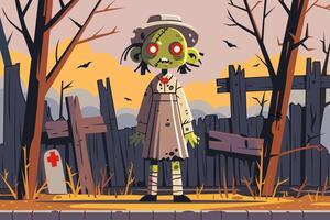 Zombie child with glowing eyes in a spooky graveyard at sunset. Features bats, bare trees, crooked fence, and a grave cross. Ideal for Halloween, horror, and creepy themes illustration. vector