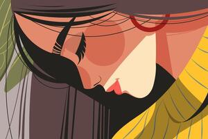 Elegant flat graphic illustration of a woman's profile in a calm, contemplative pose. Modern, minimalist design perfect for various creative projects. vector