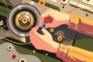 Precision repair hands working on intricate machinery illustration. Vibrant and colorful abstract elements surround gears, showcasing the art of mechanical craftsmanship. vector