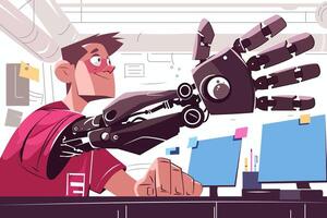 A young tech enthusiast works at a desk with a futuristic robotic arm. The vibrant illustration conveys innovation and creativity in a modern workspace, perfect for technology-themed projects. vector