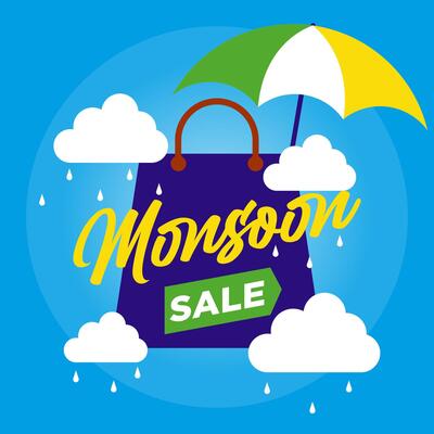 Monsoon sale offer banner blue sky illustration template
