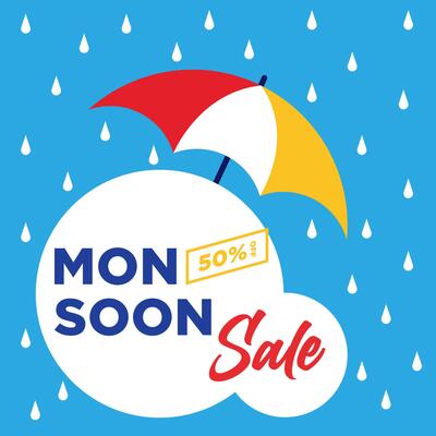 Monsoon sale offer banner rain umbrella illustration template