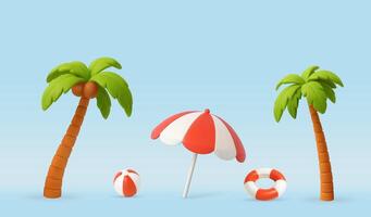 3D Summer Beach Scene with Umbrella and Palms vector