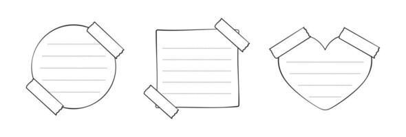 Hand drawn memo paper sheet set, sticky note collection, reminder, to do list, sticky tape. Bullet journal elements in line art doodle style. vector