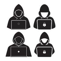 Hacker icon, A hooded figure using a laptop with a skull symbol, hooded figures working on laptops, Anonymous hackers with laptops, a simple graphic. vector