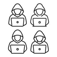 Hacker icon, A hooded figure using a laptop with a skull symbol, hooded figures working on laptops, a simple line art illustration for cybersecurity vector