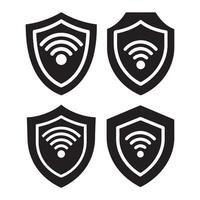 A simple black silhouette of a shield icon with wireless signal waves, representing the concept of online security and protection. icon for website design, Wireless Network Security Shield vector