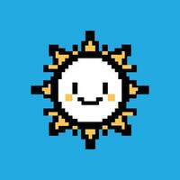 Cheerful pixel art sun with smiling face and minimalist rays with blue background vector
