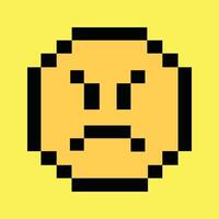 Retro 8-bit angry face icon on vibrant neon yellow pixel background vector