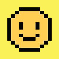 Retro 8-bit happy face icon on vibrant neon yellow pixel background. vector