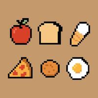 Pixel food icon group in retro 8-bit style on warm kitchen background vector