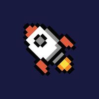 Retro pixel rocket launching over cosmic twilight background vector