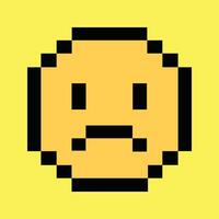 Retro 8-bit sad face icon on vibrant neon yellow pixel background vector