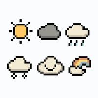 Pixel weather icon group in retro 8-bit style on soft sky background vector