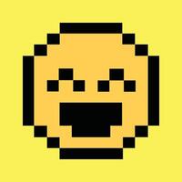 Retro 8-bit laughing face icon on vibrant neon yellow pixel background vector