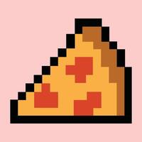 Pixel pizza slice icon on soft tomato red background vector