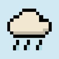 Retro 8-bit rain cloud icon dropping pixels on cool sky background vector