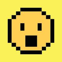 Retro 8-bit surprised face icon on vibrant neon yellow pixel background vector