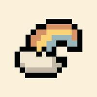 Retro 8-bit rainbow cloud icon on dreamy pixel sky background vector