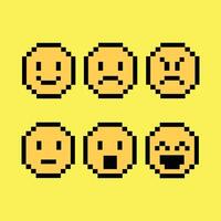 Pixel emotion face icon group in retro 8-bit style on vibrant neon yellow pixel background vector