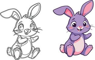 cute purple bunny presenting and smiling with its coloring page version vector