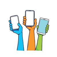 hands holding smartphones with blank screen displaying different information vector