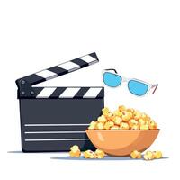 clapperboard, 3d glasses and popcorn creating cinema experience vector