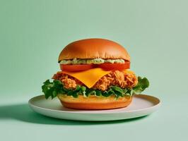 Ultra realistic crisp fried chicken sandwich with cheese and lettuce on plate photo