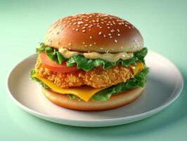 Ultra realistic crispy chicken sandwich on plate in for food marketing design photo