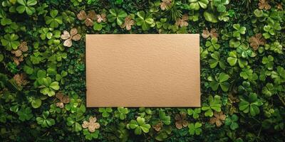 Blank card on green leafy background for nature themed invitations or announcements photo