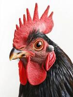 Adorable rooster close up with fluffy feathers and big eyes for animal portrait art photo