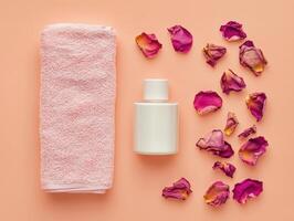 Elegant mothers day product mockup with pink towel and rose petals for design photo