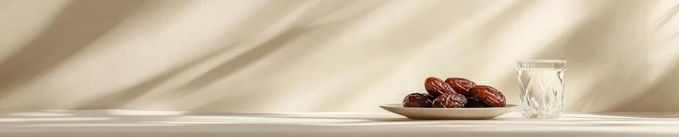 Minimalist still life with dates and glass on elegant soft background photo
