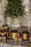 natural Christmas tree. lights on it. High quality photo. natural Christmas tree. lights on it. minimalism style. background is gray. Christmas tree in the house. gifts under the tree. beautiful black boxes with ribbons photo