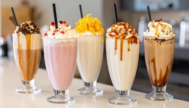 Row of colorful milkshakes with whipped cream and toppings, including chocolate, strawberry, mango, and caramel, on counter photo