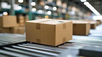 Cardboard Box on Conveyor Belt in Warehouse Setting. A close up image showing a single package in transit. photo
