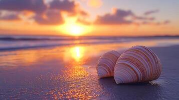 Seashells on the Beach at Sunset A Close Up of Coastal Serenity. photo