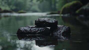 Serene Stones in a Tranquil Forest Stream A Close Up Image of Balanced Rocks Reflecting in Still Water. photo