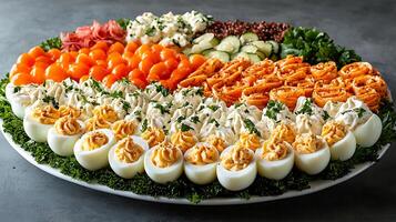 Elegant Appetizer Platter with Deviled Eggs, Smoked Salmon Roses, and Fresh Vegetables. A delicious and visually appealing spread perfect for parties or celebrations. photo