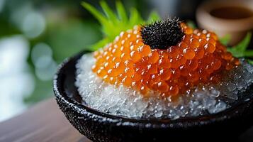 Close Up of Fresh Salmon Roe in a Black Bowl on Ice. A luxurious culinary image perfect for food blogs, restaurants, and gourmet publications. photo
