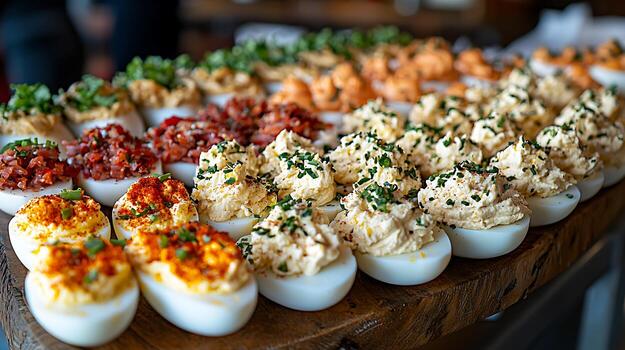 A Delicious Array of Deviled Eggs with Various Toppings. photo