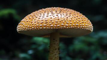 Close Up of a Yellow Mushroom with White Spots in a Forest Setting. A Detailed Image of Fungi in Nature. photo