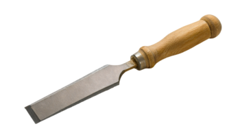 wood chisel tool with wooden handle, carpentry and woodworking instrument for precision cutting, sharp blade on isolated background png