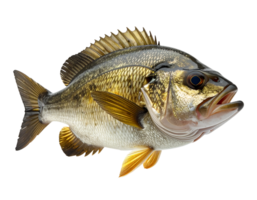 realistic close-up of a smiling fish with golden scales and open mouth on isolated background for seafood and nature theme png