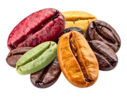 close-up of colorful coffee beans in various roasting stages on isolated background for coffee education and design elements png