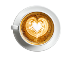 top view of heart pattern latte art in white coffee cup and saucer on isolated background for cafe menu and barista design png