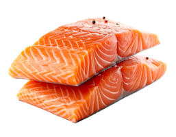 realistic side view of stacked fresh raw salmon fillets with glossy surface and fat marbling on isolated background, seafood cooking concept png