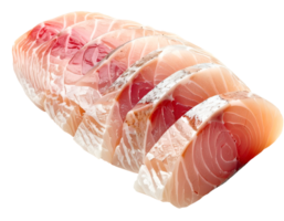 realistic close-up of thinly sliced raw fish meat arranged in layers on white background, perfect for sushi or sashimi png