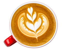 top view of heart pattern latte art in red coffee cup on isolated background with creamy milk foam and espresso for cafe menu and barista design concept png